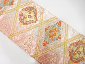 斜め格子に華文・向かい鳳凰模様織り出し袋帯